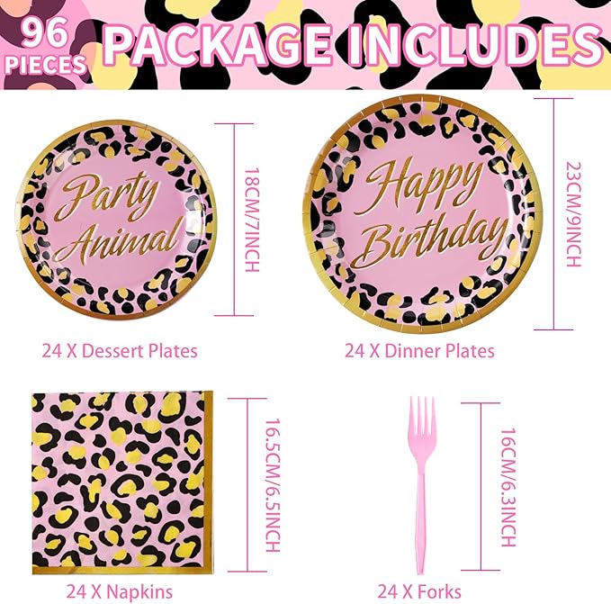 Grencian 96Pcs Cheetah Birthday Party Decorations Pink Leopard Plates and Napkins Cheetah Print Tableware for Women Girls Jungle Safari Animal Leopard Birthday Baby Shower Party Supplies, Serves 24