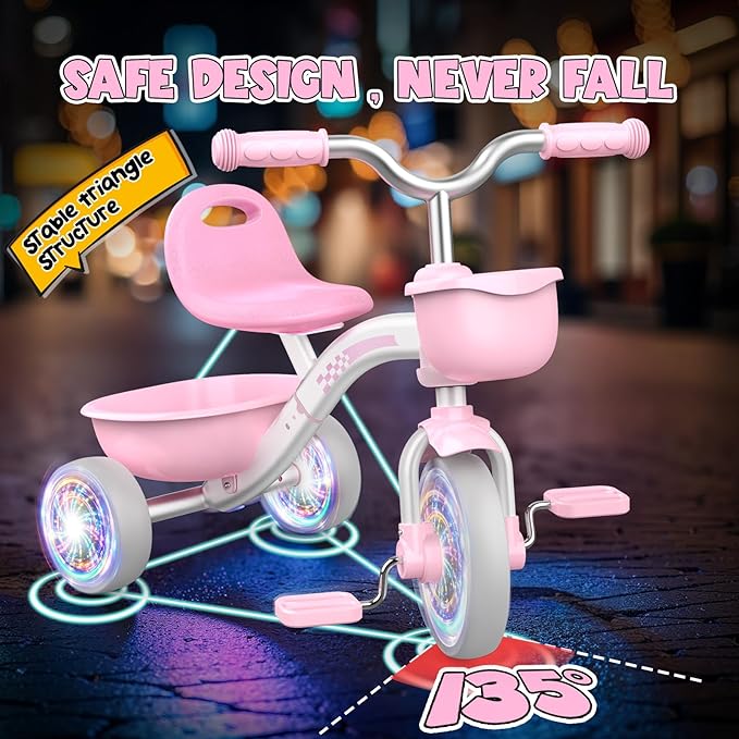 Toddler Tricycle for 1-3 3-5 Year Olds, 2 3 4 5 Year Old Girl Birthday Gifts, Pink Toddler Baby Bike, 4-Level Adjustable Seat, 3 Color Light Wheels, 2 Baskets, Outdoor Riding Toys for Ages 2-4
