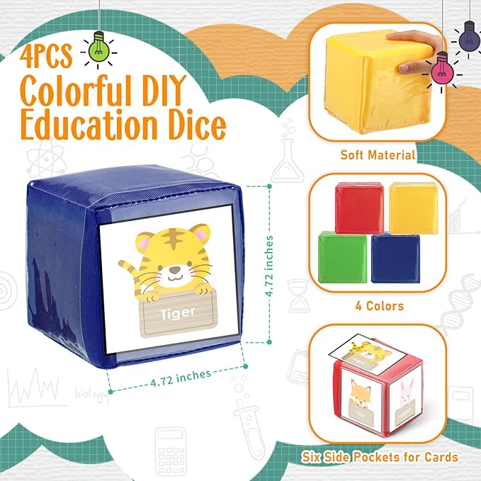 Yilloog 4 Pcs Large Foam Dice with Pockets DIY Education Playing Soft Dice Cube Learning Teaching Stacking Blocks Photo(4.72 Inch,Classic Color)