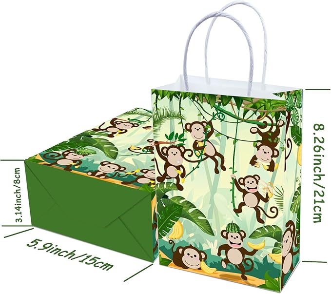 Tyndallrays 16 Pieces Monkey Goodie Bags for Birthday Party Supplies, Gift Snacks Treat Candy Favors for Kids Adults Jungle Theme Decorations