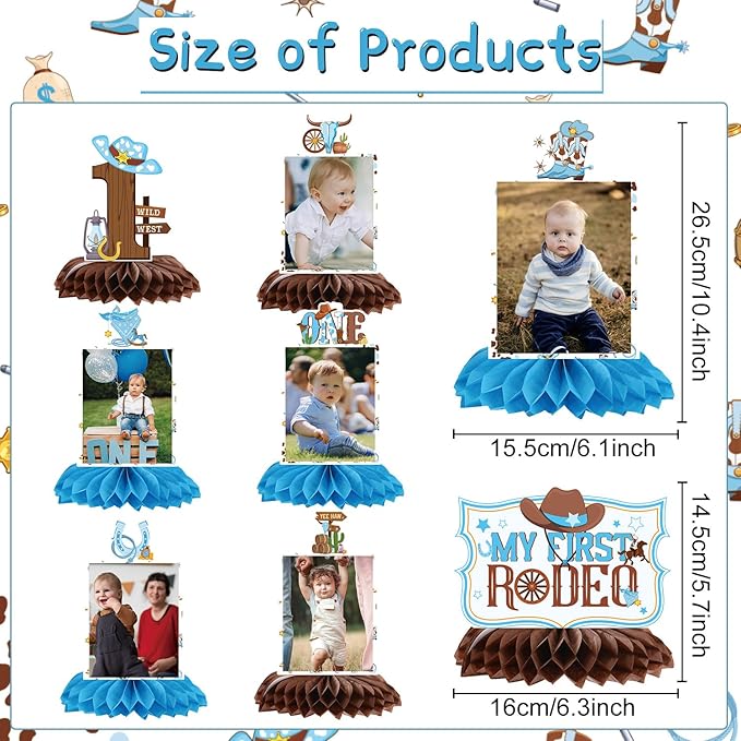 Gameza My First Rodeo Decorations Boy - 8PCS Cowboy Party Decoration 1st Happy Birthday Decor Honeycomb Centerpieces Western Rodeo Themed Party Supplies Photo Table Centerpiece Supplies for Baby Boys