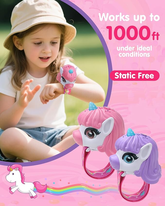 Unicorn Walkie Talkies for Kids 2 Pack with Wrist Strap, Toys for Girls Age 3-10, Long Range 2-Way Radios for Camping, Outdoor Adventure, Birthday