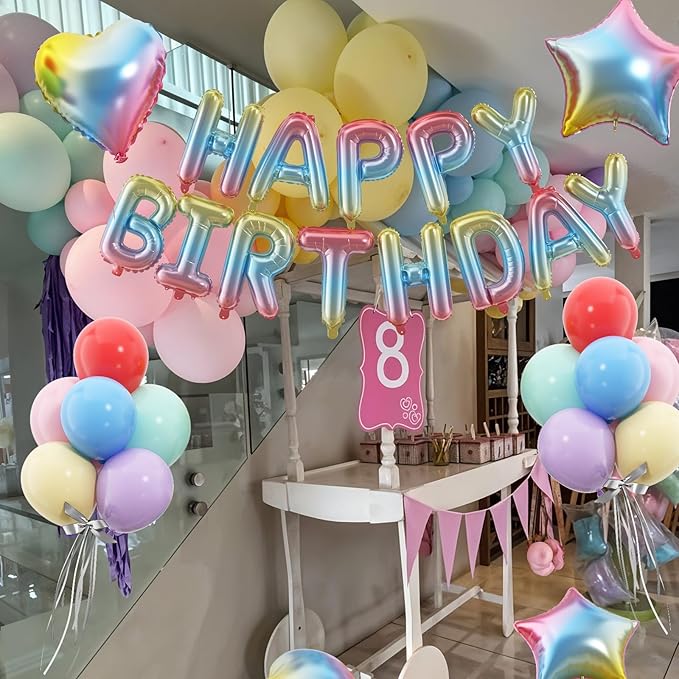 29PC Gradient Happy Birthday Balloon Banner, 16 Inch 3D Letter Banner Sign, Light Blue Pink Green Purple Red Yellow Balloons 18 Inch Star Heart Foil Balloons for Women, Men Party Supply