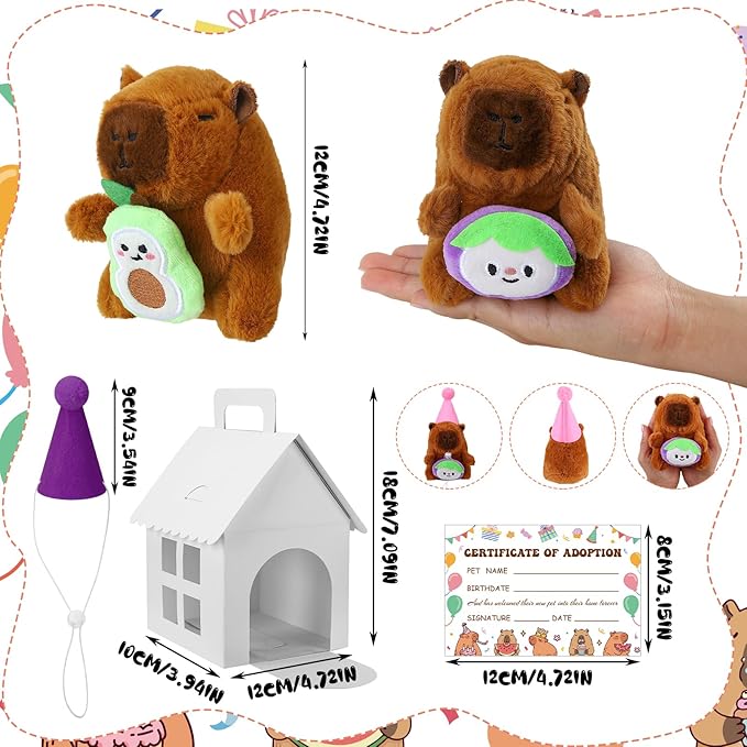 103 Pcs Adopt a Capybara Party Favors Capybara Themed Favors Boxes Include 12 Mini Plush Dolls 12 Boxes 12 Birthday Hats 12 Cards and 55 Stickers for Birthday Party Gifts Decoration