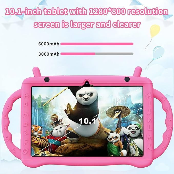 Kids Tablet 10 inch Android 15, Tablet for Kids 3-7 with 10GB RAM 64GB ROM, 512GB Expandsion, with Parental Control, WiFi, 6000mAh，Bluetooth, Dual Camera with Shockproof Case (Pink)