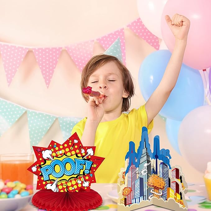 10 Pieces Hero Themed Party Decoration Hero Themed Honeycomb Centerpieces 3D Table Topper Paper Large Word Action Sign Standing Cards for Birthday Baby Shower Decor Party Supplies