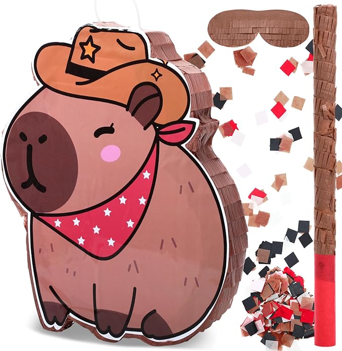 Western Capybara Piñata for Kids Birthday Party 15.7 x 10 x 2.8 Inches Cowboy Hat Animal Piñata with Bat Blindfold and Confetti for Christmas Baby Shower Photo Props Decoration