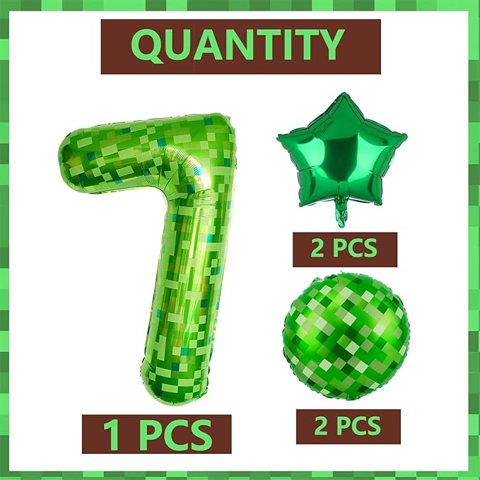 40 Inch Green Pixel Miner Number 7 Foil Balloon Set 5Pcs Large Mylar Mining Theme 7th Number Balloons Pixel Cubes Video Game Birthday Party Decorations