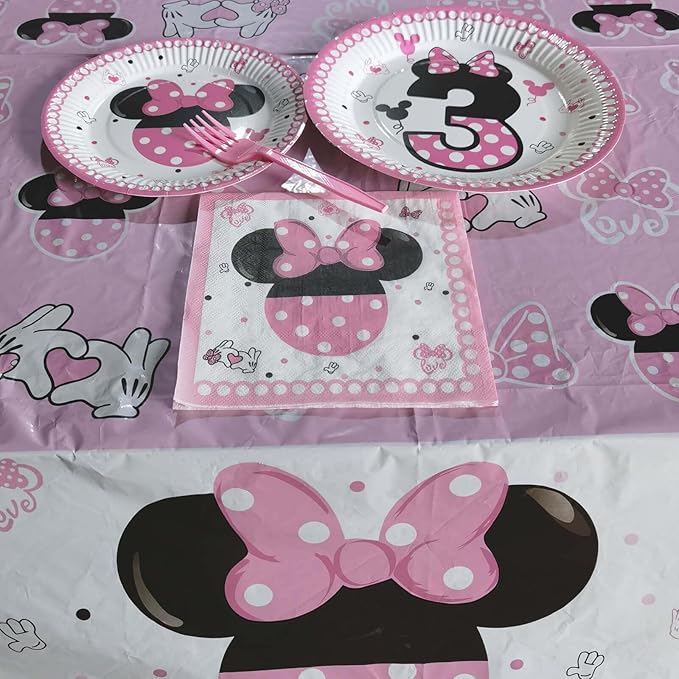 80 Pcs Pink 3rd Birthday Party Tableware Pink Wild Three Paper Plates Napkins Forks for Girls Three Years Old Birthday Party Supplies Decorations