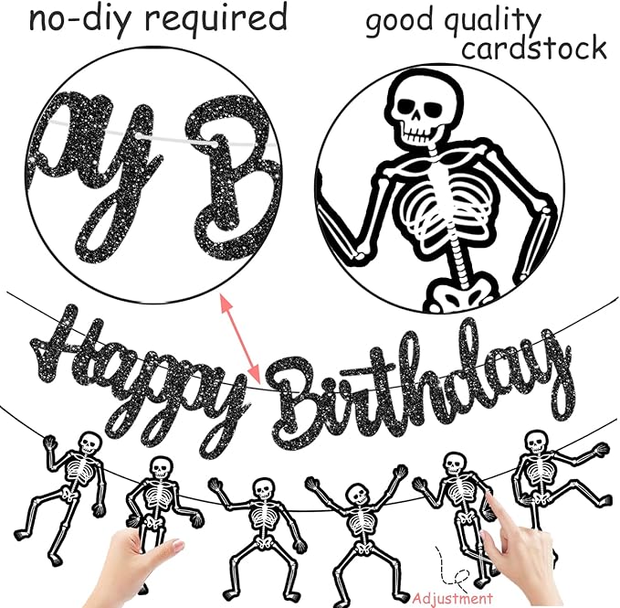 Skeleton Birthday Party Banner Halloween Party Decorations Dancing Skeleton Cutout Banner Glitter Black Skull Party Decoration for Halloween Holiday Celebration Supplies