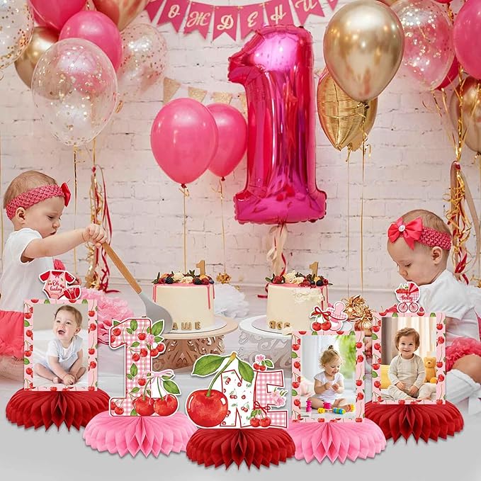 Cherry Birthday Decorations, Cherry Sweet One Party Decorations Honeycomb Centerpiece for Table, Cherries Photo Table Centerpiece for Fruit Girl Birthday Party Decor Supplies
