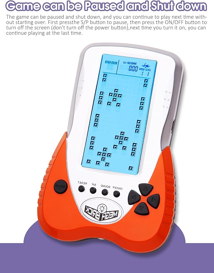 Retro Block Brick Game Console Large Screen Blue Backlight Brightness can be Adjusted Build in 23 Game Compatible with Lithium Battery/AAA Batteries can Plug in Headphone Christmas GIF(Orange)
