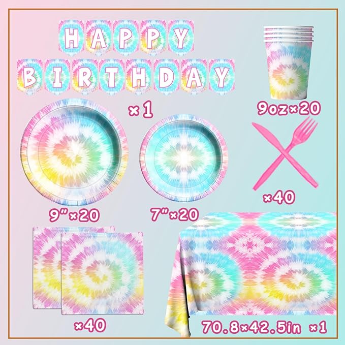 142Pcs Tie Dye Birthday Party Decorations,Colorful Birthday Party Supplies Tableware Includes Tie Dye Plates and Napkins,Cups,Tablecloth,Happy birthday Banner, Serve 20