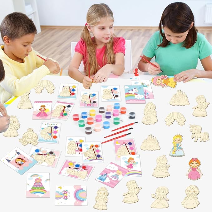 24Pcs Princess Party Favors Birthday Supplies Decorations-Cards with Art Crafts Castle Fairies DIY Wooden Painting Craft Kits Thank You for Coming Gifts Bulk Goodie Bags Stuffers Prizes for Kids Girls