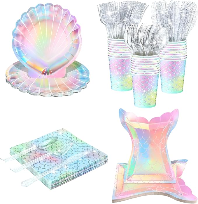 144 Pcs Mermaid Party Supplies Tableware Mermaids Themed Decorations Under the Sea Party Dinnerware Set Includes Plates Napkins Cups Spoons Fork Knives for Baby Shower Birthday Party(Cute Style)