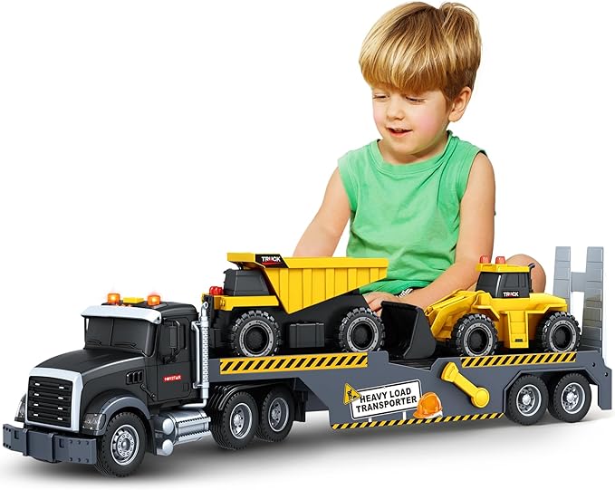 Toddler Boy Toys for 3 4 5 6 7 Years Kids, 21" Semi Construction Carrier Truck Toy with Excavator and Dump Truck, Friction Powered Toys with Lights and Sounds, Birthday for Boy Girls