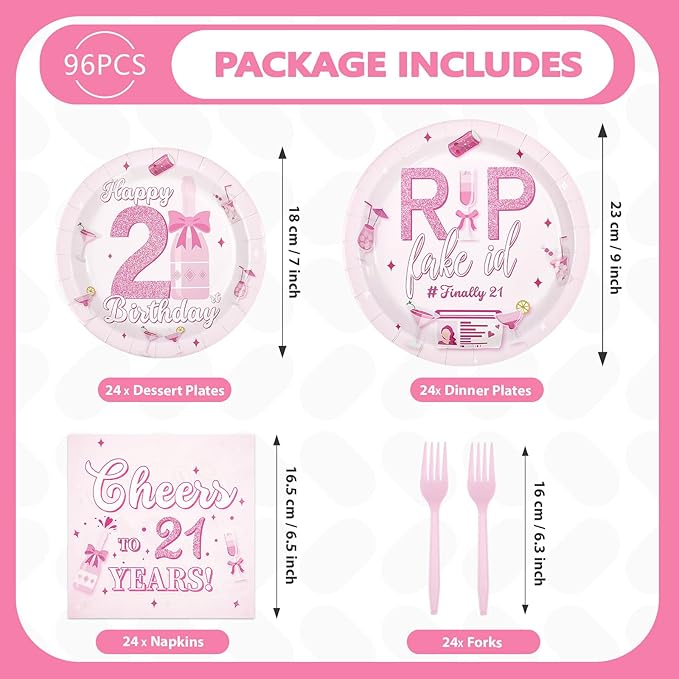 96Pcs Happy 21st Birthday Decorations Young Cheers to 21 Years Plates and Napkins Rip Fake Id Finally 21 Birthday Decoration Favors for Girls 21 Years Old Bday Party Supplies Serves 24