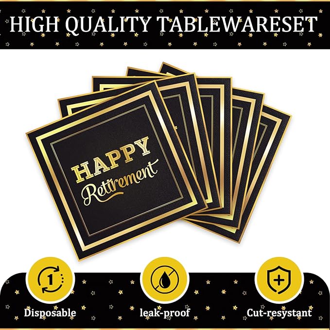41pcs Retirement Party Supplies ,include 20pcs 7inch Dessert plate, 20 Napkin and 1pcs Tablecloth,Used for Black Gold Retirement Party Decoration