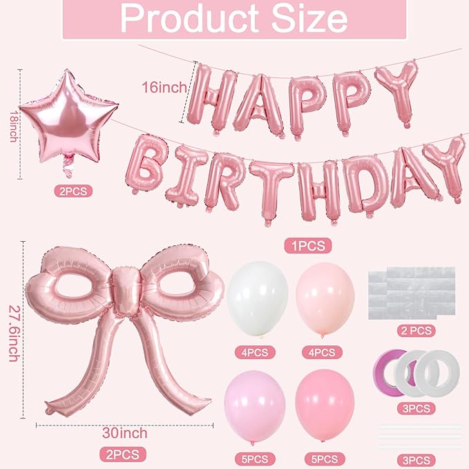 Bow Party Decorations Pink Happy Birthday Balloons Banner Pink Birthday Decorations Bow Balloons for Women Girls Birthday Decor Party Supplies