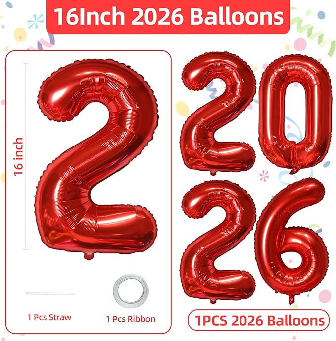 KALOR 16 Inch 2026 Red Foil Number Balloons, 2026 New Years Decorations for 2026 Happy New Year Eve and Graduations Party Supplies