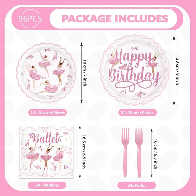 96Pcs Ballerina Birthday Party Supplies Pink Dancing Girl Ballet Plates and Napkins Tableware Sets Ballerina Dancer Themed Decorations for Girls Women Baby Shower Tutu Dance Party Serves 24