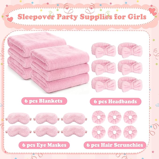 Sleepover Party Supplies for Girls, Spa Slumber Favor with Blanket Headband Eye Mask Hair Scrunchies (Pink 24Pcs)