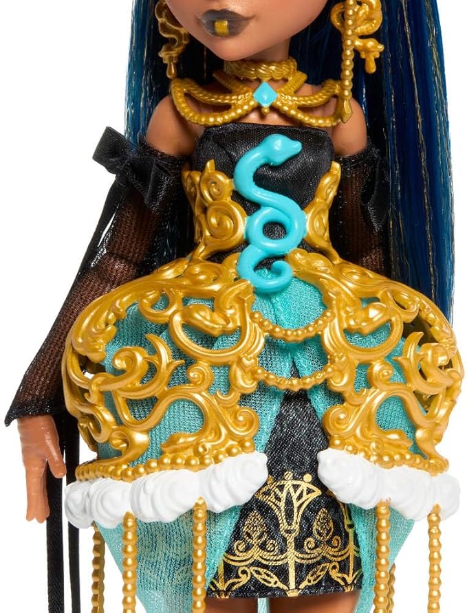 Monster High Scary Sweet Birthday Doll, Cleo De Nile in Golden Party Dress with Themed Accessories Like Invite, Balloon, Gift, Lipstick and More
