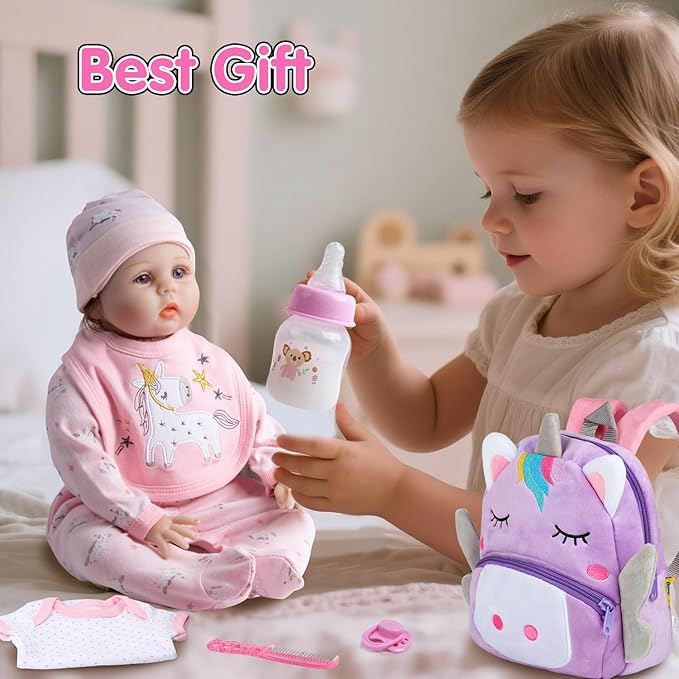 Pedolltree Reborn Baby Dolls Clothes Girl Unicorn Theme Outfit Accessories 13 Pcs for 17-22 Inch Reborn Dolls Newborn Baby Girl with Pink Unicorn Backpack