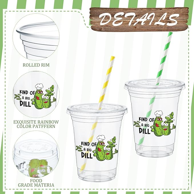Domensi 50 Pcs Pickle Party Birthday Plastic Cup 12 oz Kind of a Big Dill Birthday Thick Clear Cup Green Pickle Cucumber Theme Party Table Decorations Favor