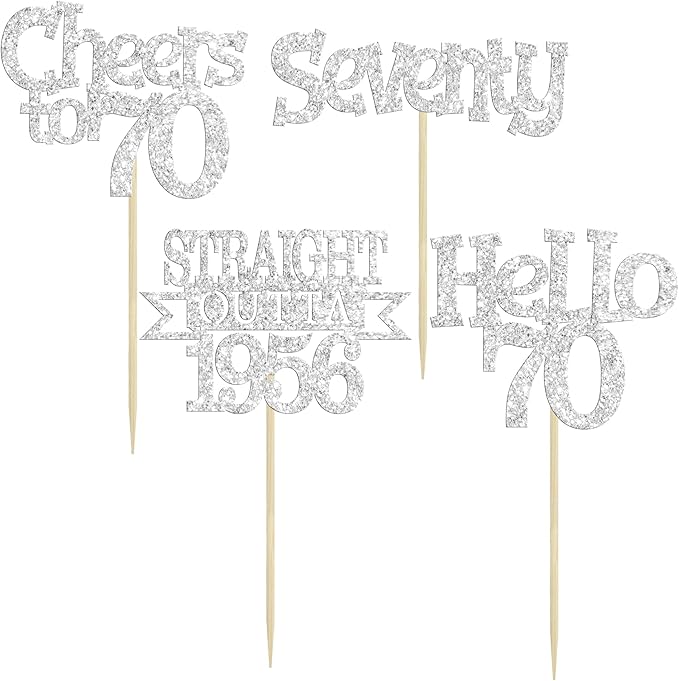 Ephlyn 24Pcs Happy 70th Birthday Cupcake Toppers Glitter Straight Outta 1956 Cupcake Picks Hello 70 Cheers to 70 Years Birthday Cake Decorations for 70th Birthday Anniversary Party Supplies Silver