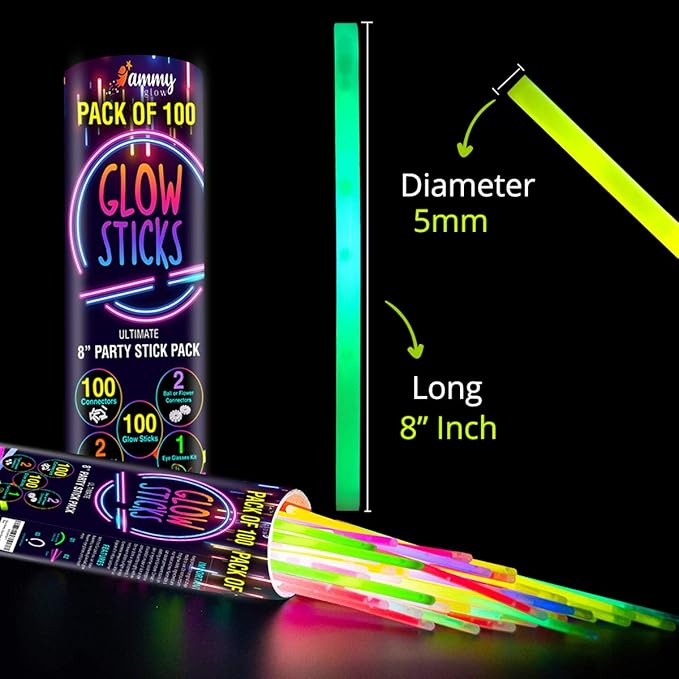 Ammy Glow-Glow Sticks-100 Pack Bulk Party favors for Kids-Neon Glow in The Dark Party Supplies - Eye Glasses, Glow Bracelets & Necklaces -Party Lights For Birthdays & Weddings-205 pcs