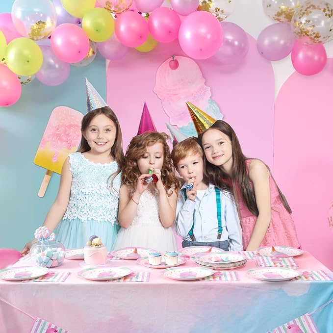 WERNNSAI Ice Cream Party Plates and Napkins - Serves 50 Guests 100 PCS Pink Sweet Ice Cream Themed Party Supplies for Girls Birthday Baby Shower Pool Summer Celebration Dinner Picnic Party Tableware
