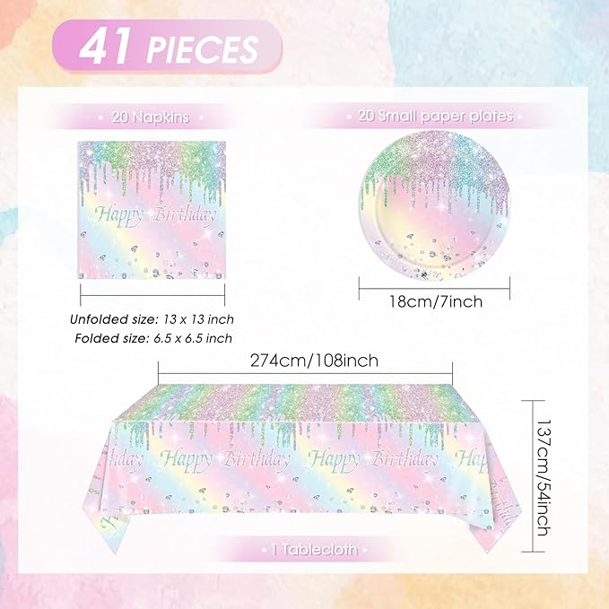 41Pcs Pastel Birthday Decorations Pastel Rainbow Tableware Set Disposable Paper Plates,Napkins,Tablecloth丨Rainbow Birthday Decorations for Girls,Baby Shower,Bridal Wedding Party Supplies,Serve 20