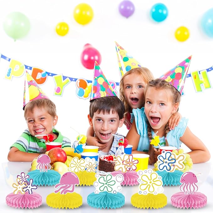 Yellow Cartoon 3D Honeycomb Centerpieces Bikini Flower Jellyfish Table Centerpieces Under the Sea Bubble Table Toppers with 9 Designs for Ocean Theme Birthday Party Baby Shower Wedding Decorations