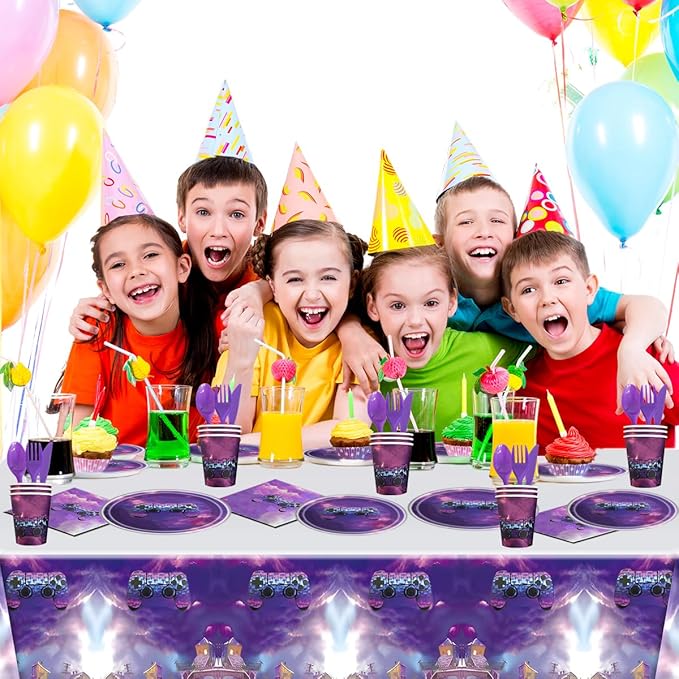 81Pcs Purple Games Party Tableware Set Games Party Decoration Purple Games Birthday Party Supplies