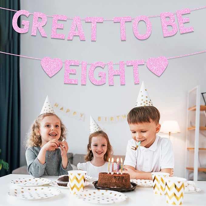 8th Birthday Party Decorations for Girls, Pink Glitter Great to Be Eight Banner, Girls 8 Years Old Birthday Party Decorations Supplies