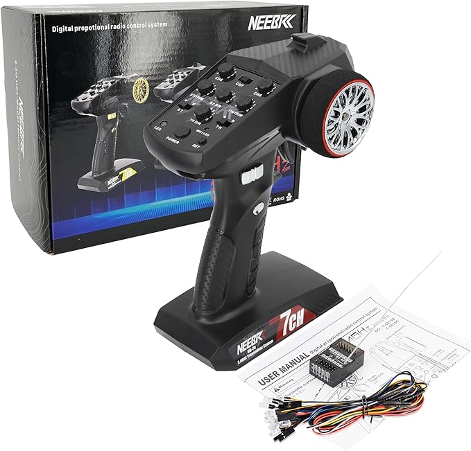 7 Channels RC Transmitter with Receiver Built-in Light Control System and 12LED Light Set, 2.4GHz Radio Remote Controller for RC Car Crawler Truck Racing Buggy Off Road On Road Boat Tank(Blue)