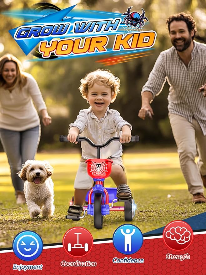 Tricycle for Toddlers 1-3 3-5 Year Olds, Spider Toddler Bike Baby Balance Bike with Colorful Lighting Wheels & Large Basket, Birthday Gift and Toy for 1 2 3 4 5 Year Olds Boys and Girls