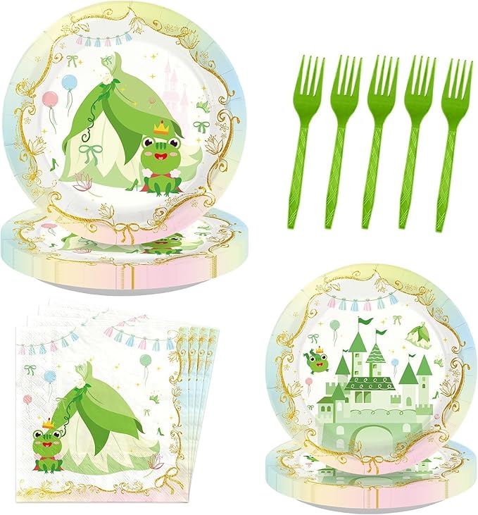 96Pcs Princess Frog Party Supplies Green Frog Plates and Napkins Green Princess Dress Tableware Set for Girls' Fairytale Baby Shower Magical Party Decorations Serves 24
