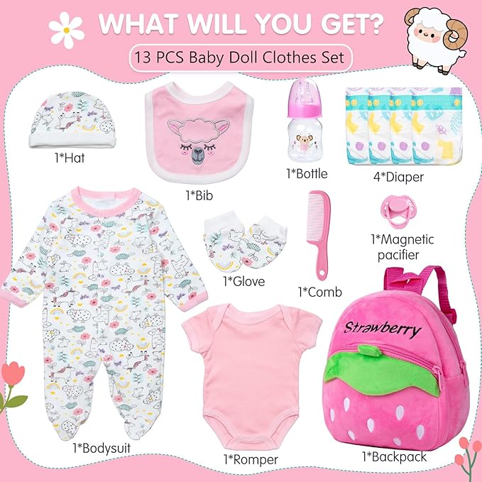 13 Pcs Set Reborn Baby Dolls Clothes Girl Outfit Accessories Pink Sheep Print for 17-22 Inch Reborn Dolls Newborn Girl with Pink Strawberry Backpack Diaper