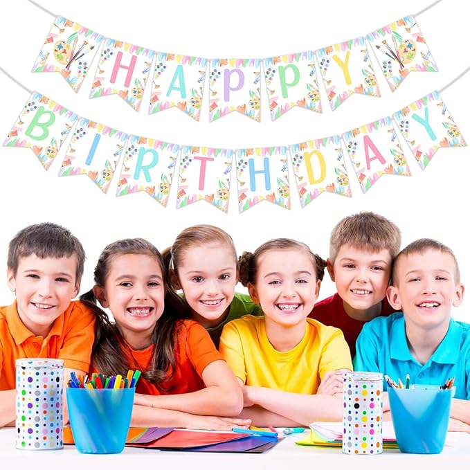 Art Party Decorations Girl Pastel Happy Birthday Banner Pre-Strung Macaron Crayon for Rainbow Painting Drawing Artist Theme Party Supplies