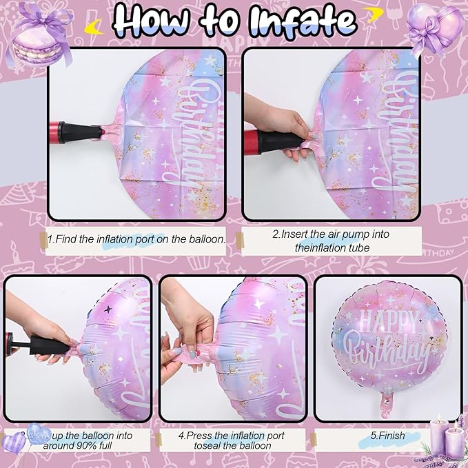 18 Inch Happy Birthday Foil Balloons, 4Pcs Pastel Pink Purple Blue Cloud Helium Mylar Round Birthday Balloons with Stars for Teen Girl Women Outer Space Starry Galaxy Baby Shower Party Decorations