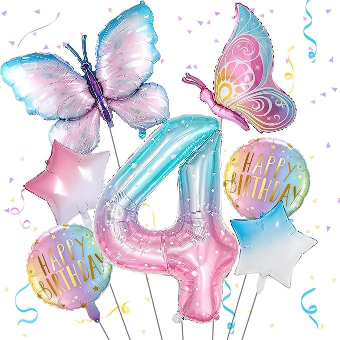 Butterfly Balloons 4th Birthday Decorations for Girls - Gradient Pink Colorful Foil Balloons, Giant Number 4 Foil Mylar Balloon, Butterfly Theme Birthday Party Supplies