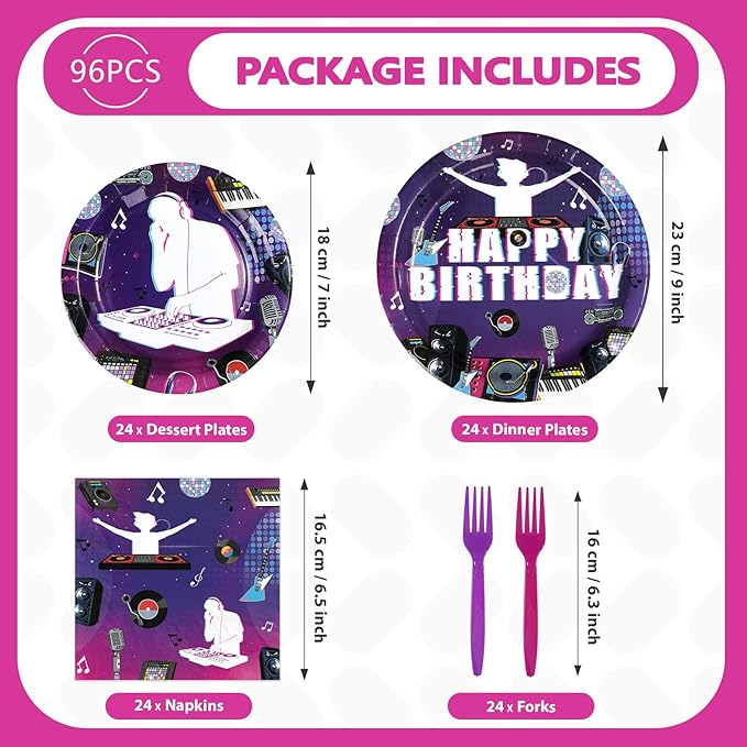 96 Pcs DJ Birthday Party Decorations Music Themed Party Paper Plates and Napkins Rock DJ Short Video Tableware Set for Boys Girls Adults Birthday Supplies Serves 24