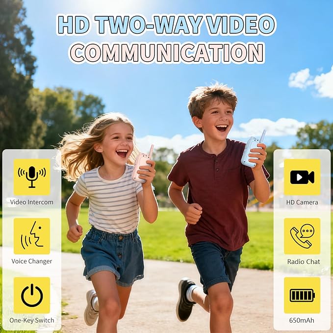 Video Walkie Talkies for Kids, Handheld 2 Pack Rechargeable Kids Video walkie talkies,Long Range Ideal for Family Games, Outside, Camping, Hiking (Pink)