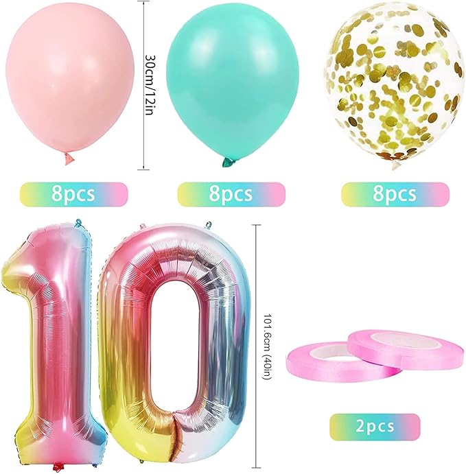 10th Birthday Gradient Color Balloons with Happy Birthday Banner and Party Supplies for Girls & Boys