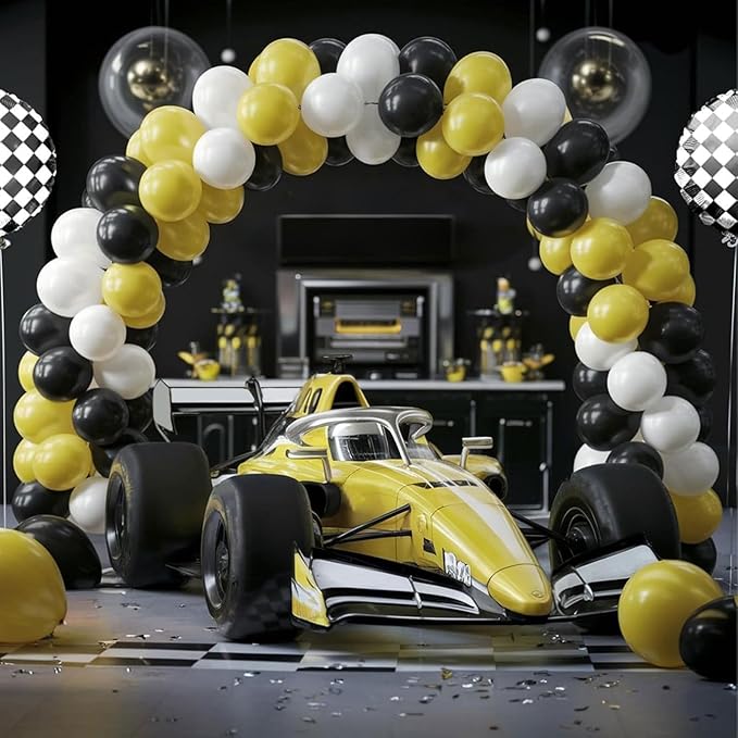 Black White Yellow Balloon Arch Kit,Balloons Garland Kit with Black White Checkered Star Balloons for Boys 1st Birthday Party Decorations