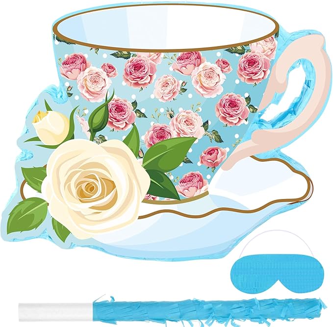 Aoriher 4 Pieces Tea Party Piñatas Tea Flower Themed Decorations Teapot Small Piñata Bundle with Blindfold and Stick Teacup Party Supplies Favors for Birthday (Blue,Teacup)
