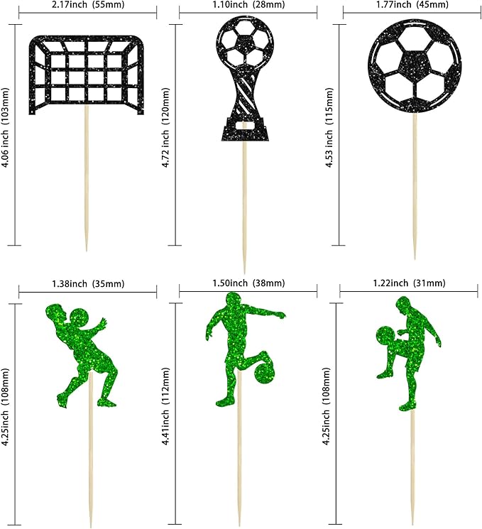 24Pcs Soccer Cupcake Toppers Glitter Soccer Ball Cupcake Picks Sport Cake Decorations Football Theme Birthday Party Baby Shower Kids Boys Men Birthday Party Favors Supplies Green