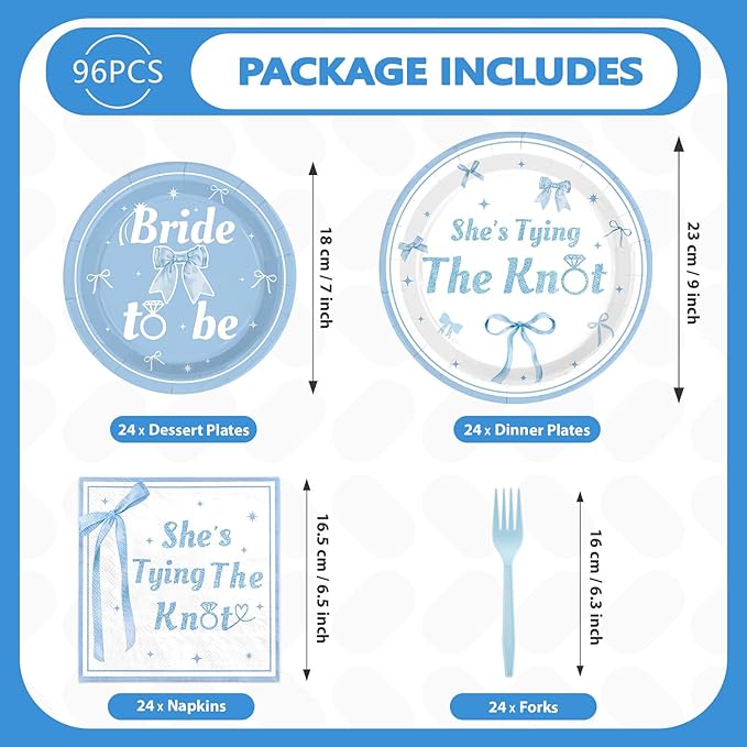 Grencian 96 Pcs Blue Bow Bridal Shower Decorations Blue Bow Bride to Be Party Plates She Tying The Knot Paper Tableware for Bride Groom Bachelorette Party Wedding Engagement Decorations Serves 24